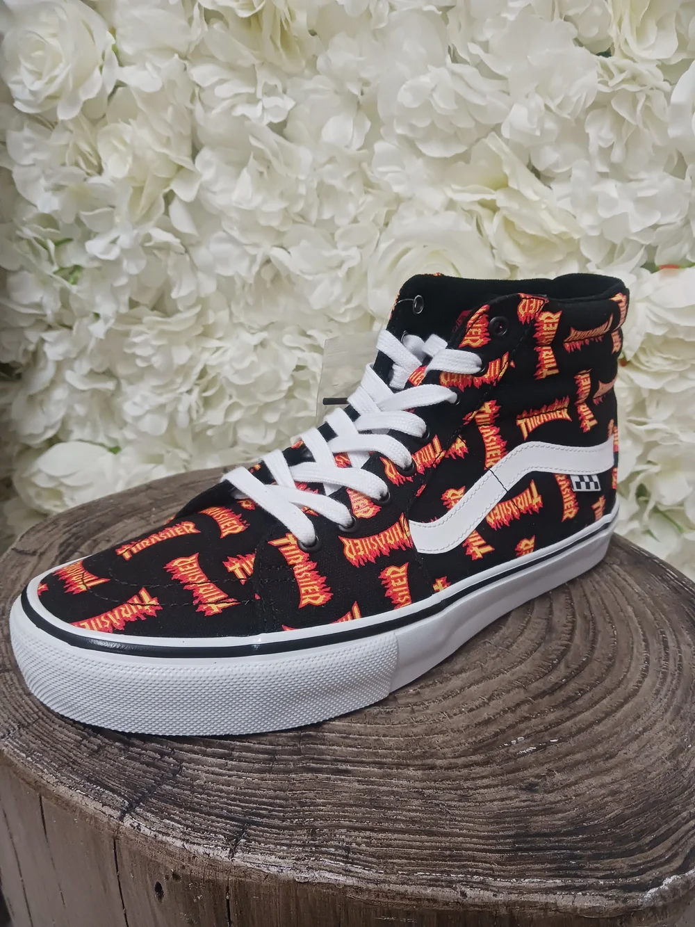 Vans Sk8-Hi Black Sneakers with Red and Orange Flame Print